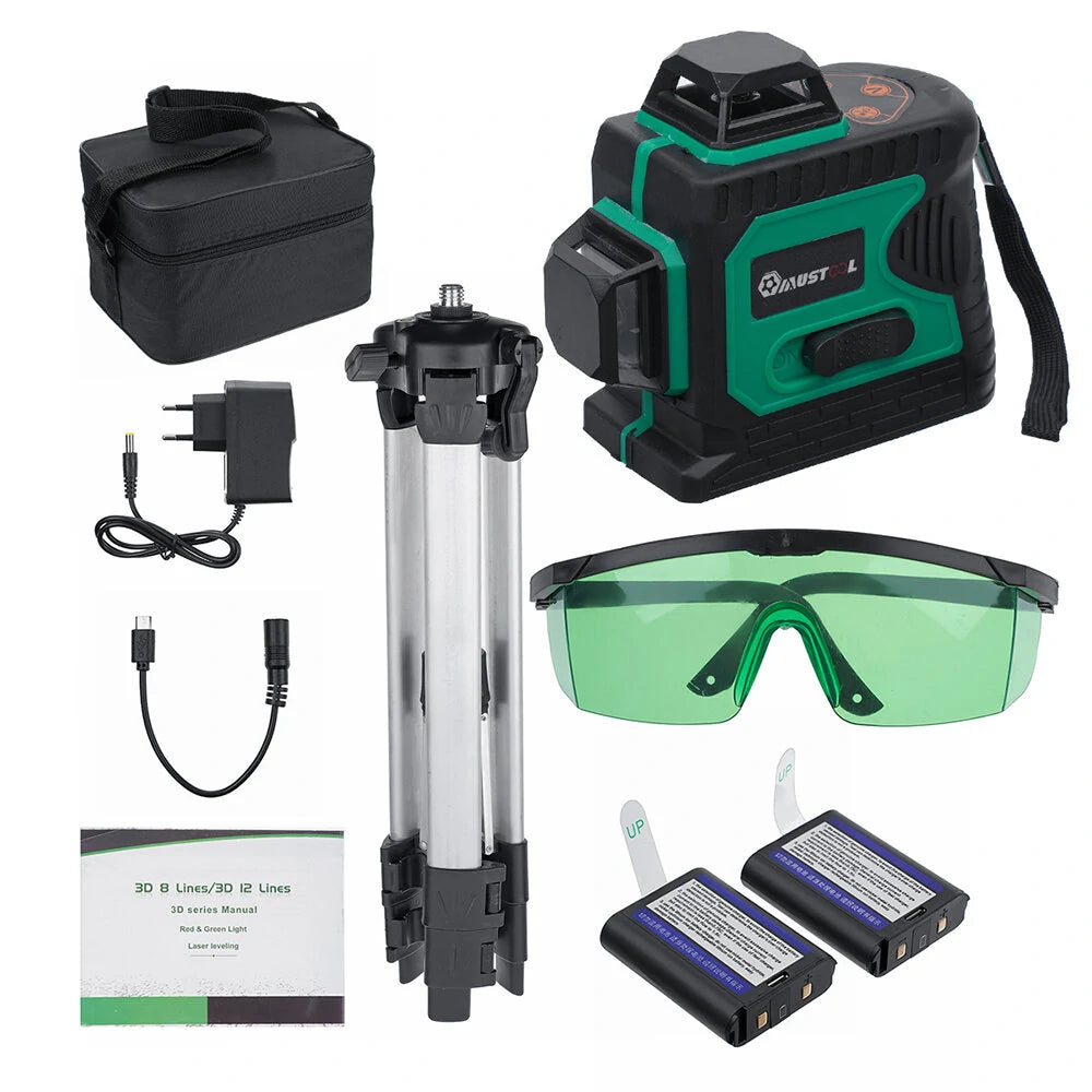 3D Green Laser Level 12 Lines 360° with 2 Batteries - MUSTOOL Auto Level Tool