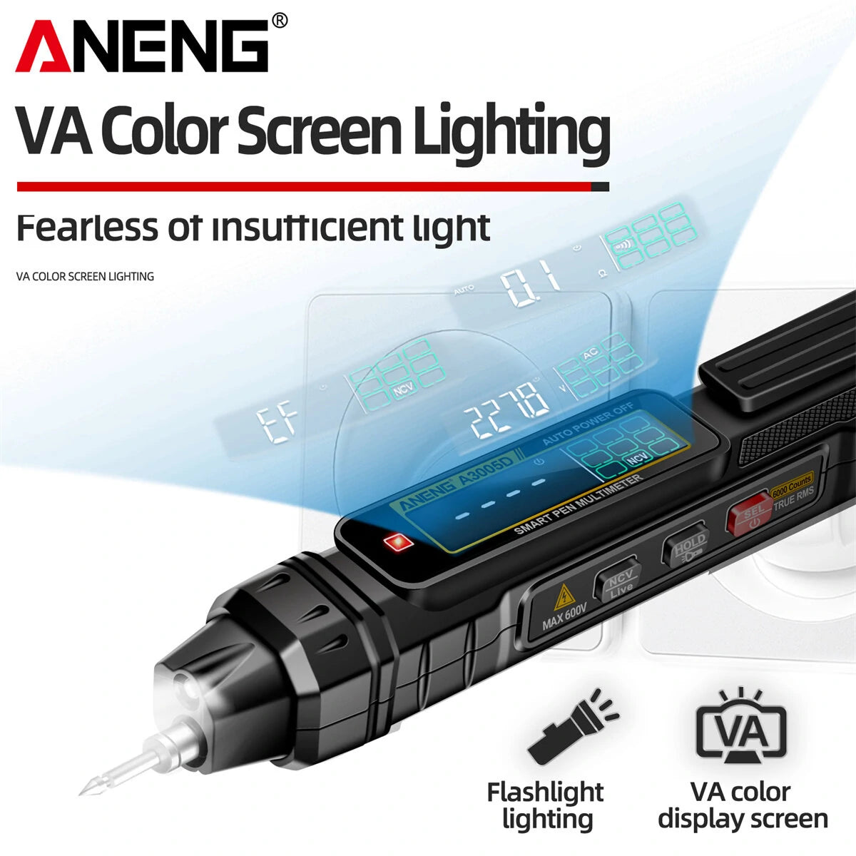 ANENG A3005D 2-in-1 Multimeter Test Pen with VA Color Display, Auto Shutdown, NCV Induction, Non-Contact Detection, High Portability for Electricians & DIY Enthusiasts