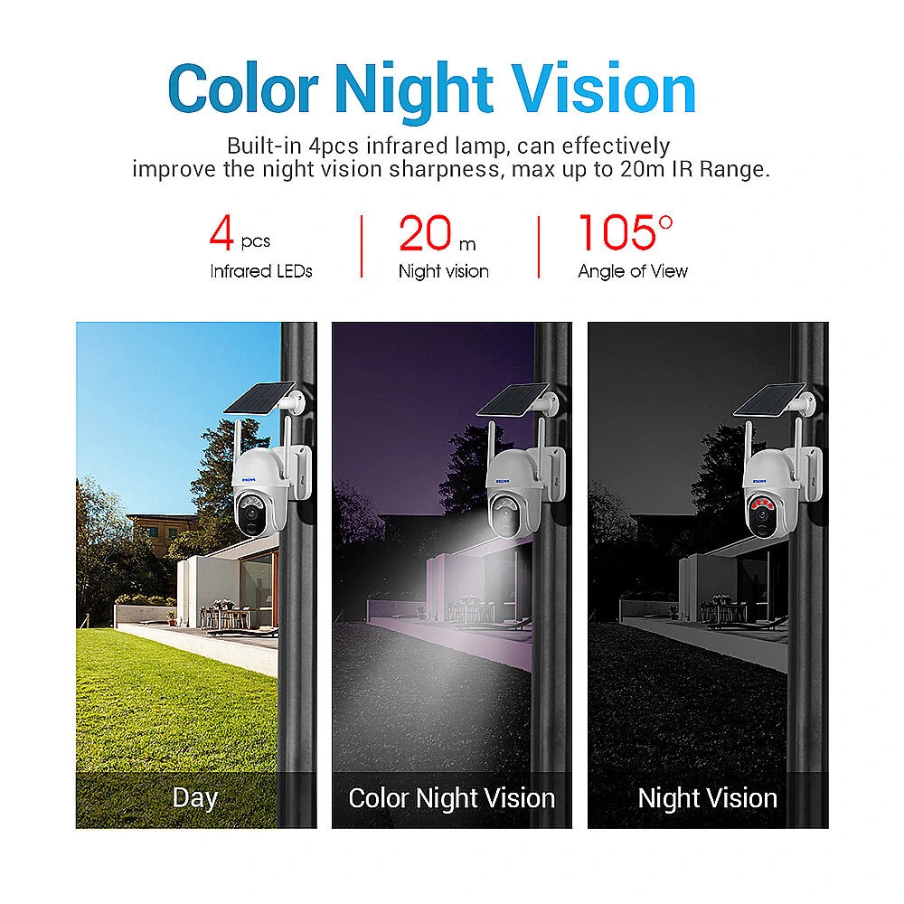 ESCAM QF103 3MP Solar-Powered WiFi IP Camera, Wireless PTZ, Night Vision, Human Detection, Two-Way Audio, IP66 Waterproof PIR Alarm for Home Security