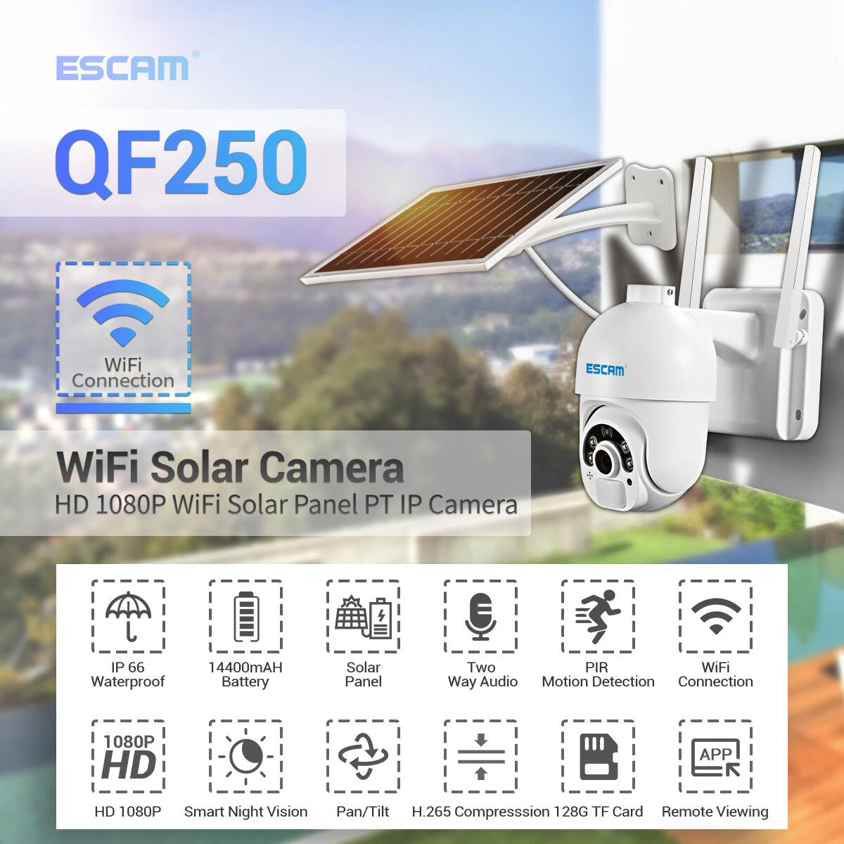 ESCAM QF250 1080P Solar-Powered WiFi Dome IP Camera with Cloud Storage, PIR Alarm, Color Night Vision, PTZ, Two-Way Audio, IP66