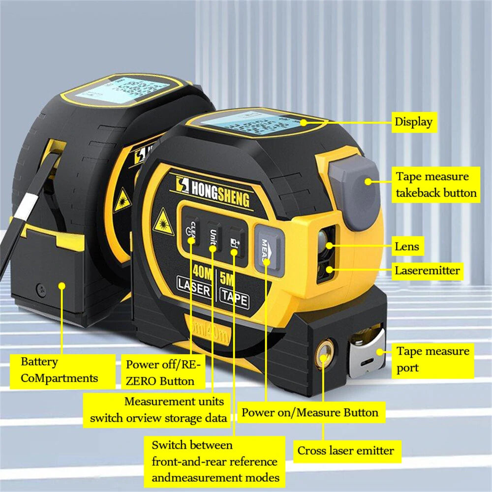 3-in-1 Laser Tape Measure: 40M/60M Rangefinder, 5M Tape, High-Precision Infrared Electronic Distance Meter