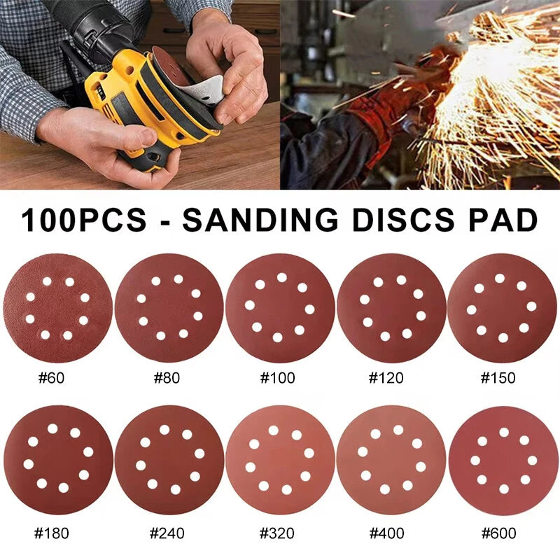 5-Inch 8-Hole Hook & Loop Sanding Discs, 125mm Sandpaper for Wood & Metal Polishing, Multi-Grit #60-600