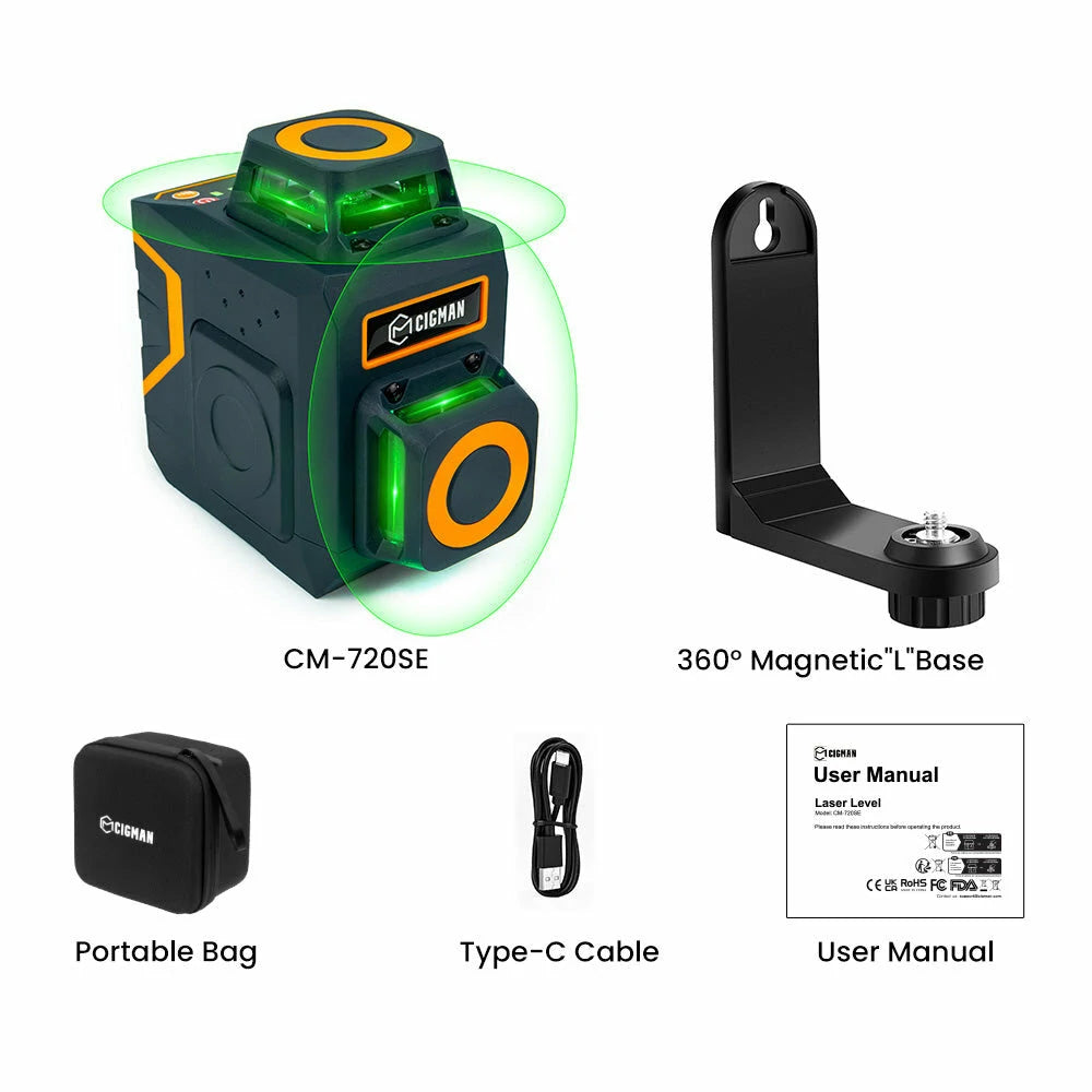 CIGMAN CM-720/CM-720SE 360° Laser Level Tool with Rechargeable Battery and Magnetic Bracket for Construction and Home Decoration