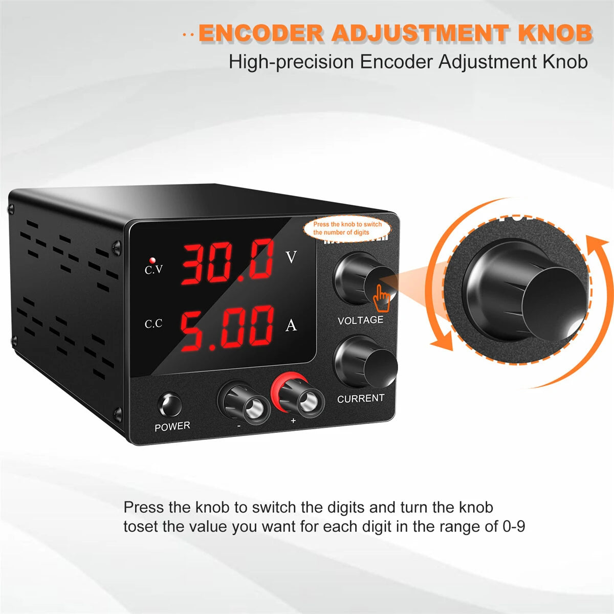 Mini Power Supply NICE-POWER SPS-E305: 0-30V 0-5A, High-Precision Encoder, Sleek Black Design, Stable DC Output