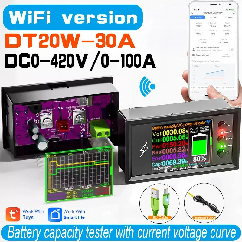 DT20W Smart Lithium Battery Tester 420V 600A with WiFi Tuya App and Digital Display