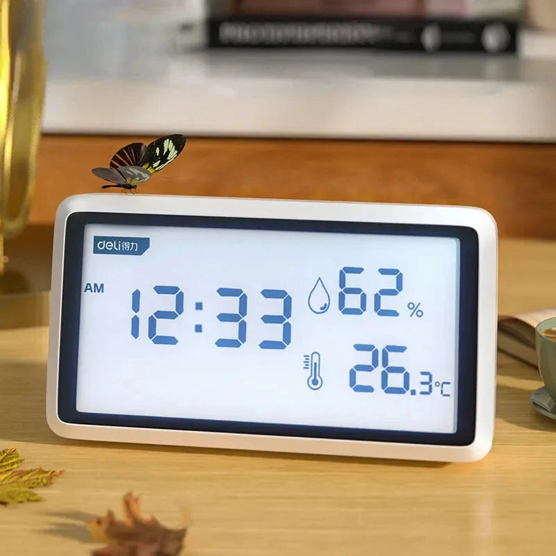 High-Precision Deli Weather Station: 0.1℃ Thermometer, Hygrometer, LCD Display, Clock, Long Battery Life
