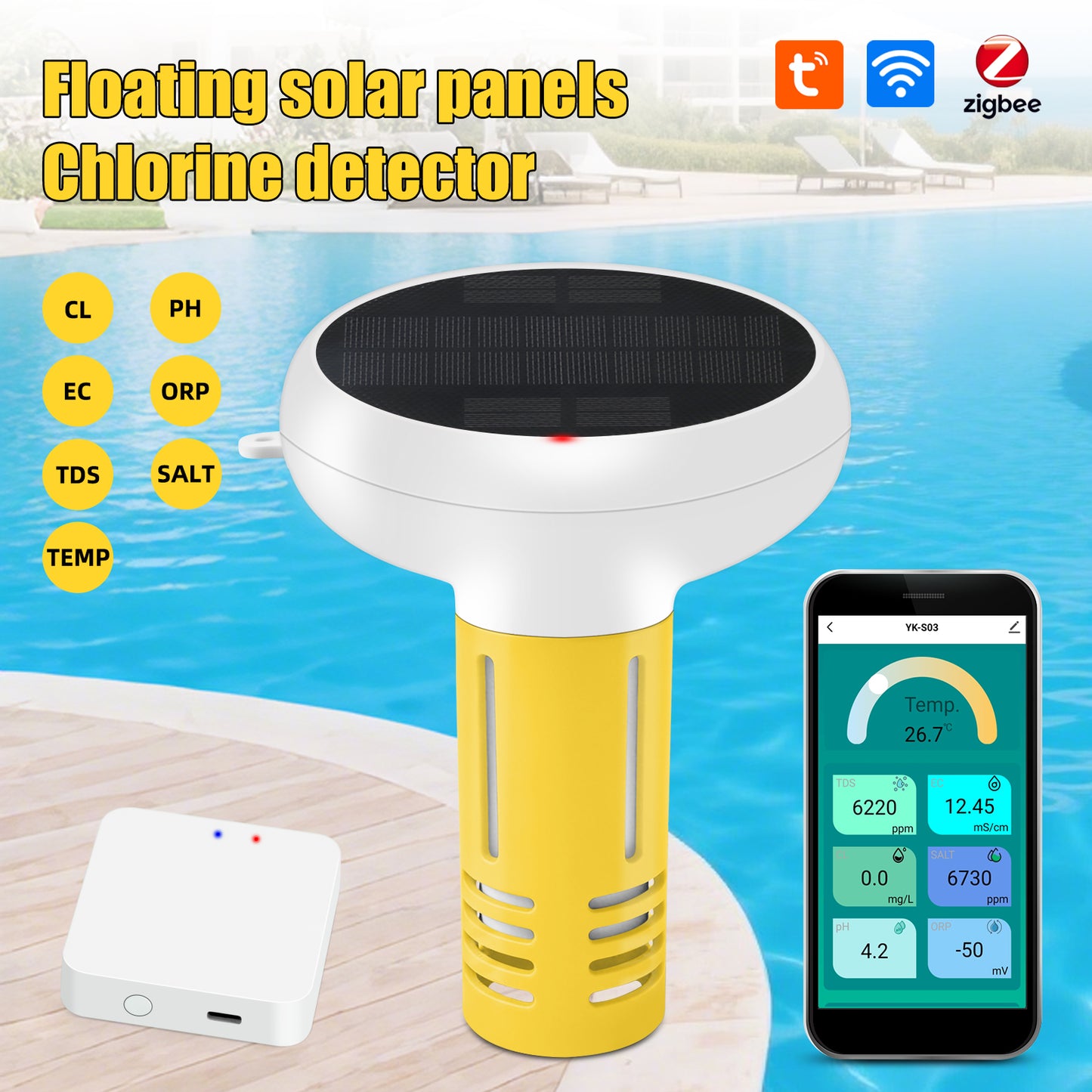 Solar-Powered Tuya Zigbee Pool Water Quality Tester – 7-in-1 Smart Floating Monitor (pH / Chlorine / ORP / Salinity / EC / TDS / Temperature)