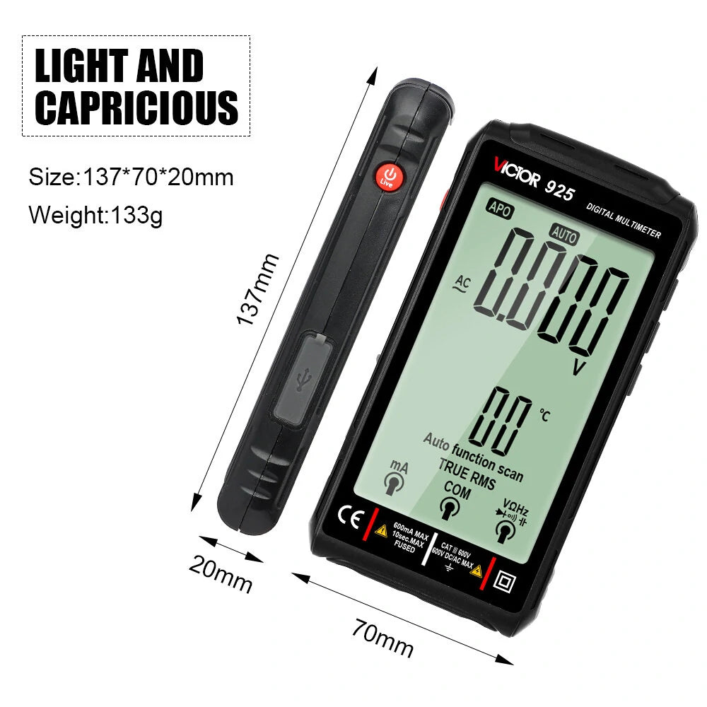 Victor 925 Digital Multimeter 10000 Counts LCD Display NCV Diode 500mAh Battery Frequency Smart Tester