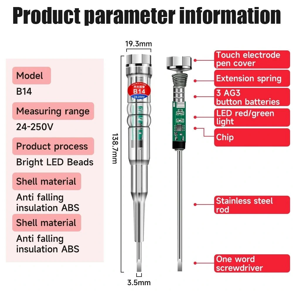 ANENG B14 Voltage Tester Pen 24/70-250V Intelligent Induction Power Detector & Electrical Screwdriver Circuit Indicator