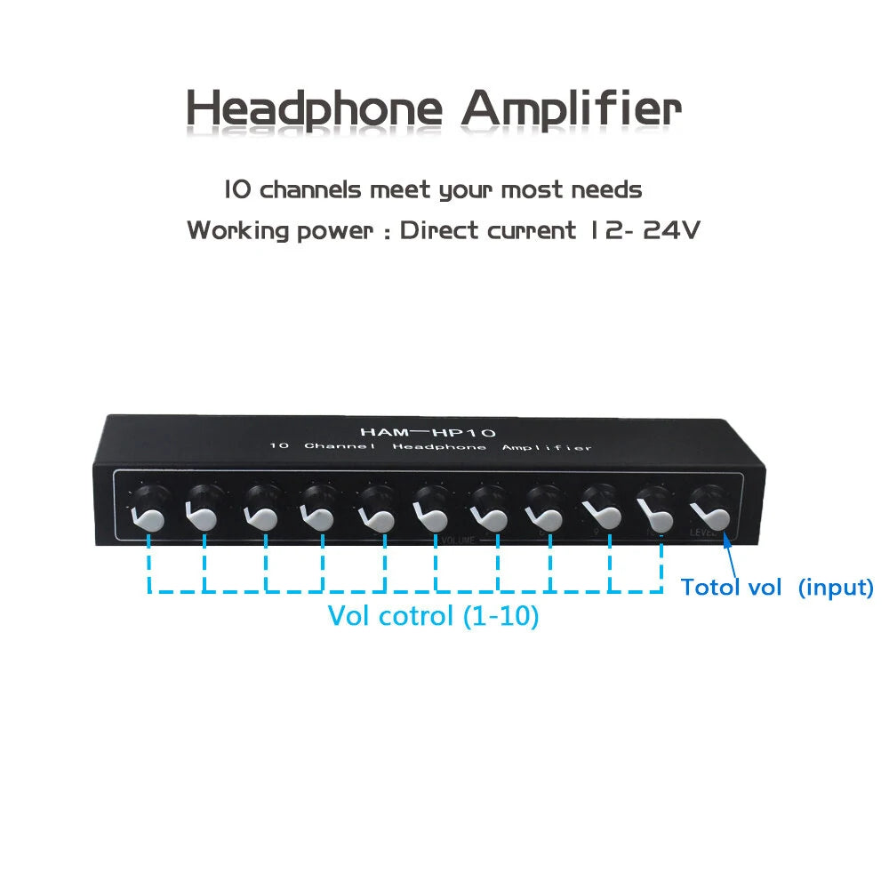 10-Channel Stereo Headphone Amplifier - HAM-HP10 with 12dB Gain, NJM4556A, 3.5mm Jack, DC 12-24V, Volume Control