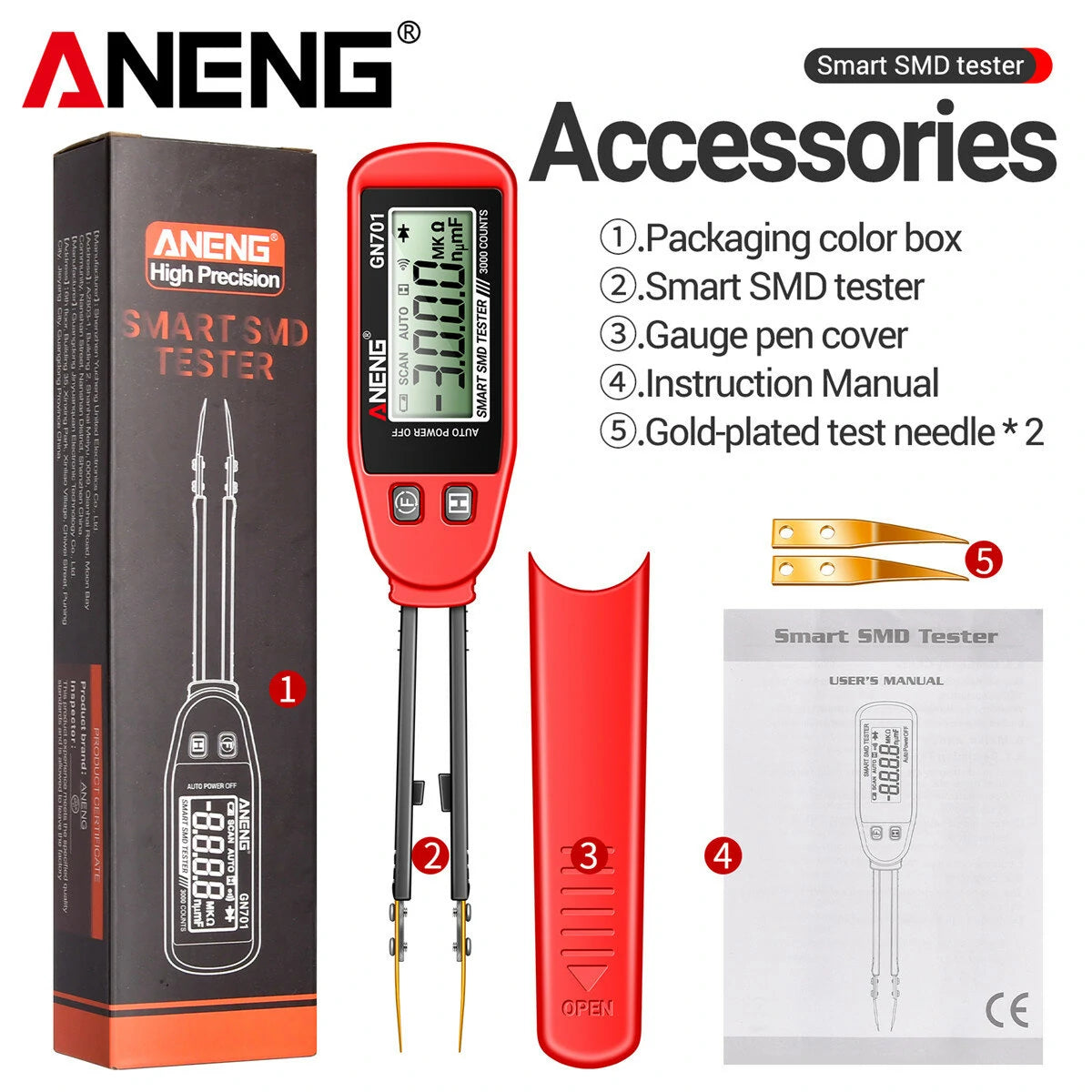 ANENG GN701 SMD Tester: High Precision Handheld Resistor, Capacitor, Diode Analyzer - CAT II Standard Secure