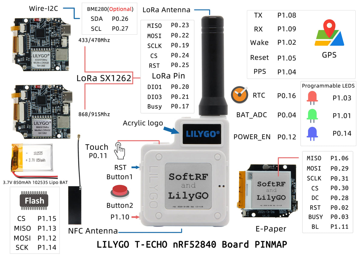 Nrf52840 Arduino Module LILYGO T-Echo SoftRF NRF52840 LoRa SX1262 Wireless Module with GPS and ...