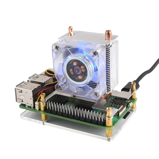 Raspberry Pi 5 Low-Profile ICE Tower RGB Cooling Fan with U-Shaped Copper Tubes