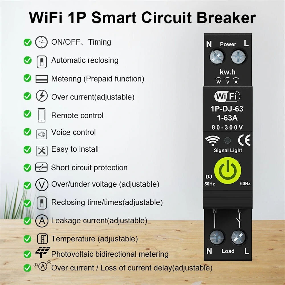 Smart WiFi Circuit Breaker with Energy Meter & Reclosing, Alexa & Google Assistant Compatible