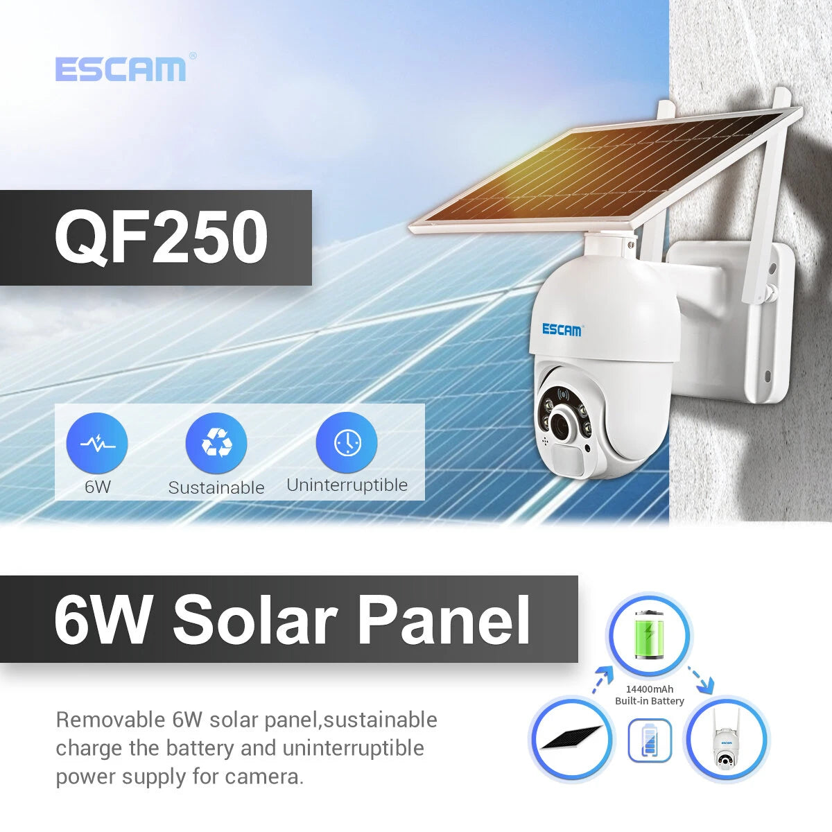 ESCAM QF250 1080P Solar-Powered WiFi Dome IP Camera with Cloud Storage, PIR Alarm, Color Night Vision, PTZ, Two-Way Audio, IP66