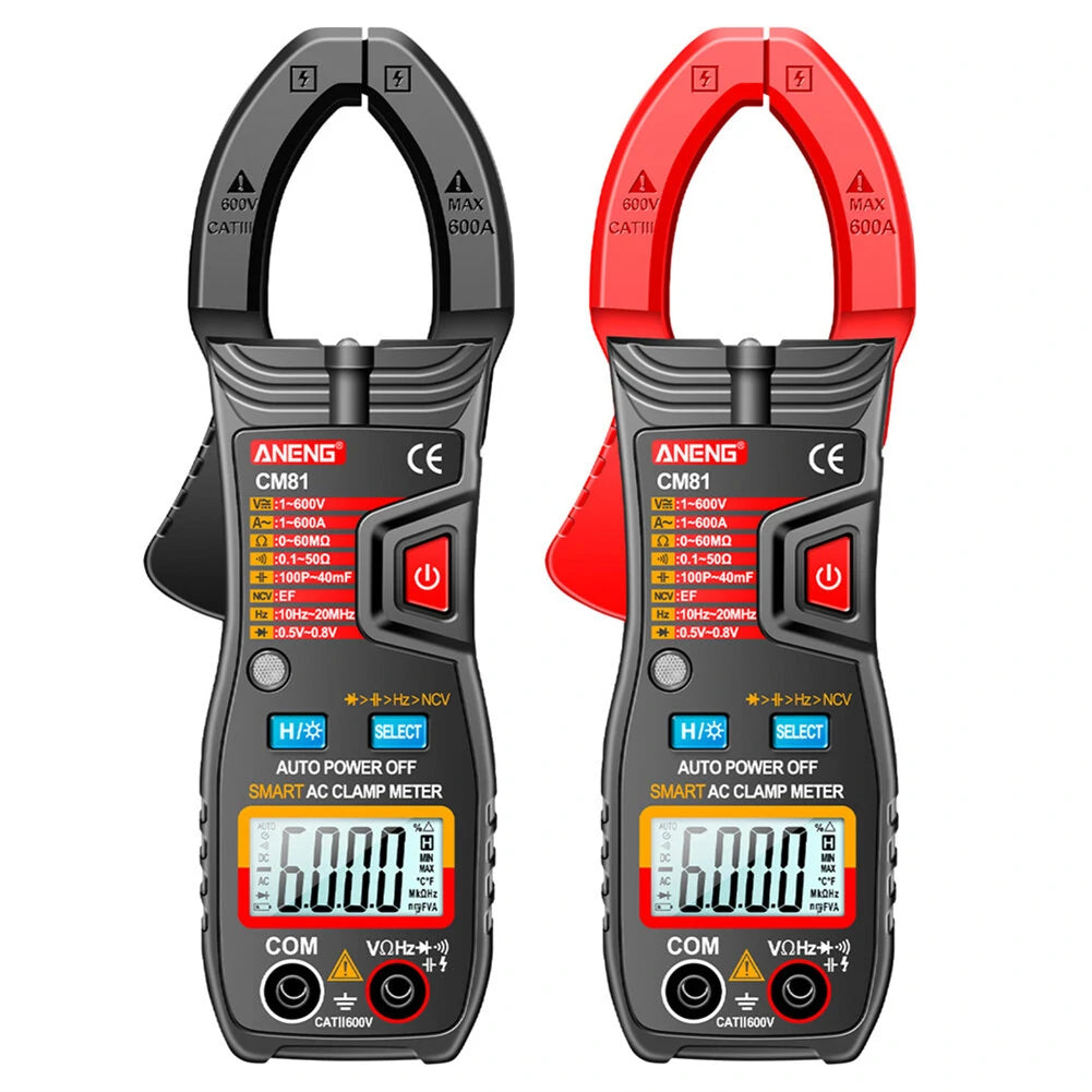 ANENG CM81 Digital Clamp Meter - 6000 Counts, Auto Range, NCV, DC/AC Voltage, Current, Resistance, Frequency, Capacitance Tester