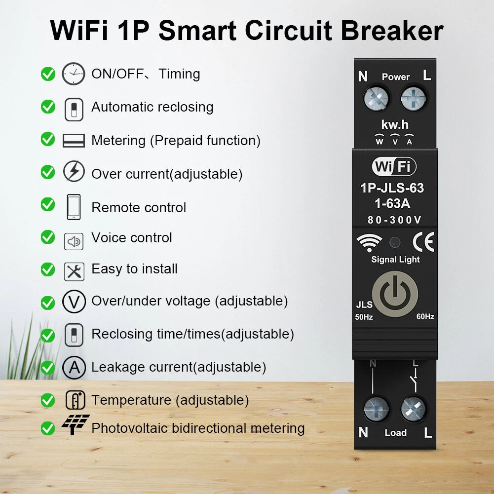 Smart WiFi Circuit Breaker 1P 63A with Energy Monitoring, Alexa & Google Assistant Compatibility, Remote Control