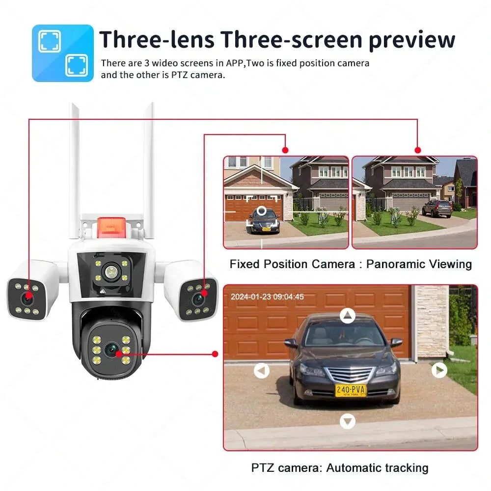Guudgo 5K 12MP WiFi IP Camera with 10X Zoom, Three-Lens Panoramic PTZ, AI Tracking, Outdoor CCTV Surveillance, IP65 Waterproof