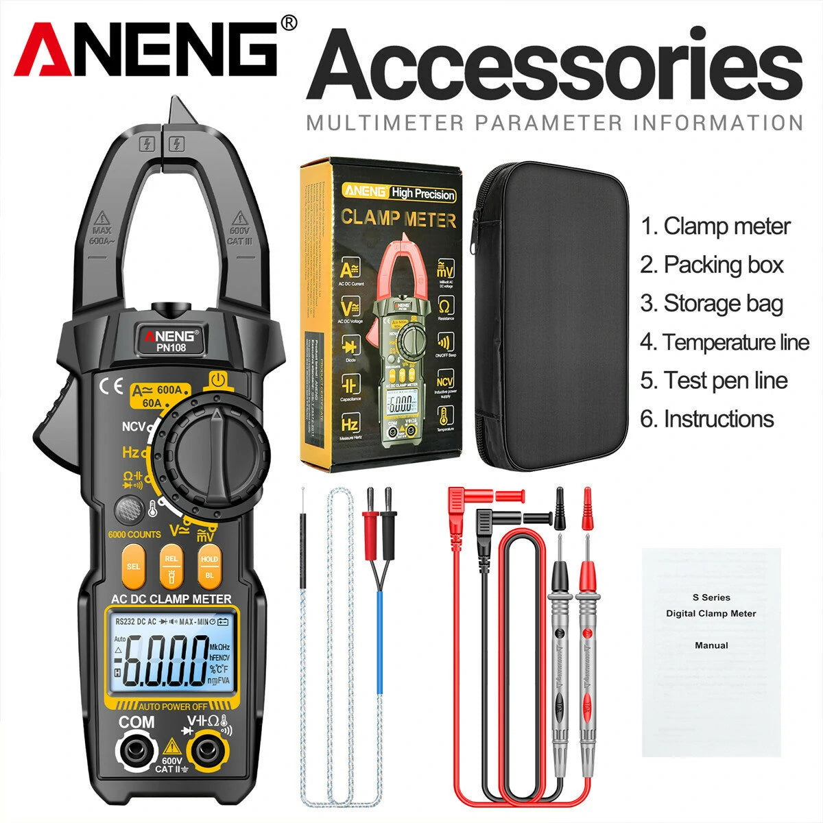 ANENG PN108 Clamp Meter | High-Precision 600A/600V AC/DC Voltage & Current Tester | Auto Power Off | Backlit Display