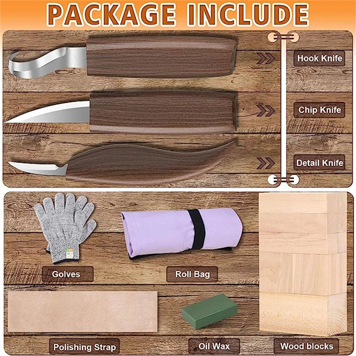 7-in-1 Wood Carving Tools Kit: Hook, Whittling, Chip Knives, Gloves & Sharpener for Beginners