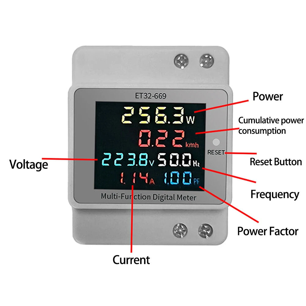 ET32-669 Professional Electrical Meter: High Precision, Full-View LCD, Measures Voltage, Current, Power, Frequency, Power Factor, 22KW Support, Heat Resistant