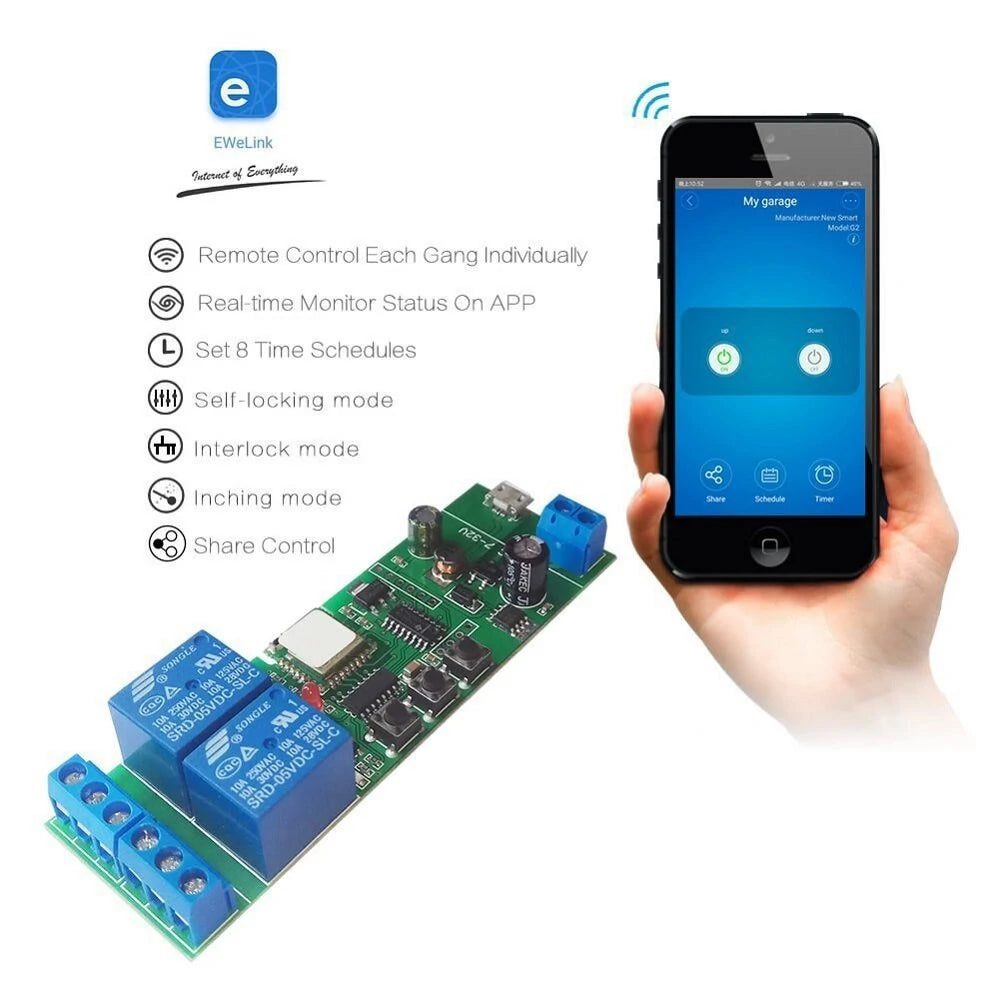 EACHEN WiFi 2-Way Relay Module, Self-Locking/Interlock Switch, Compatible with Amazon Alexa & Google Home