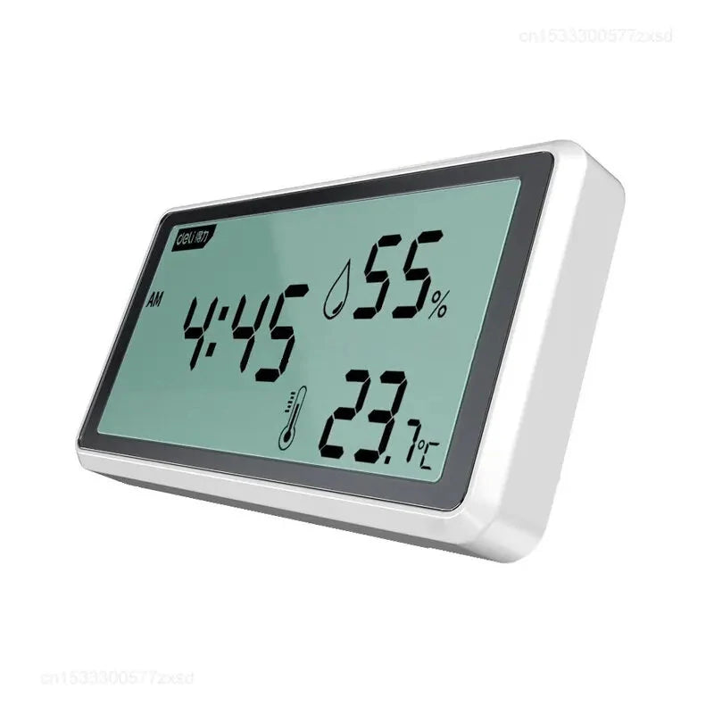 High-Precision Deli Weather Station: 0.1℃ Thermometer, Hygrometer, LCD Display, Clock, Long Battery Life