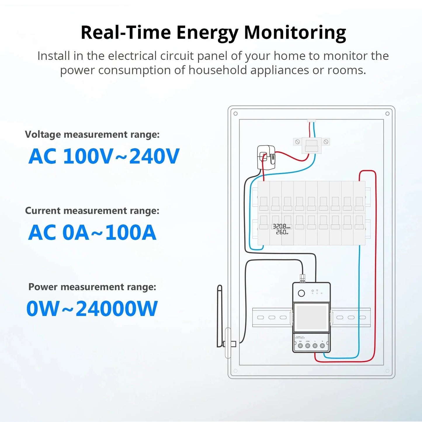 SONOFF POWCT Wi-Fi Smart Power Meter, 100V-240V 24000W, Real-Time Energy Monitor with Non-Contact Current Transformer