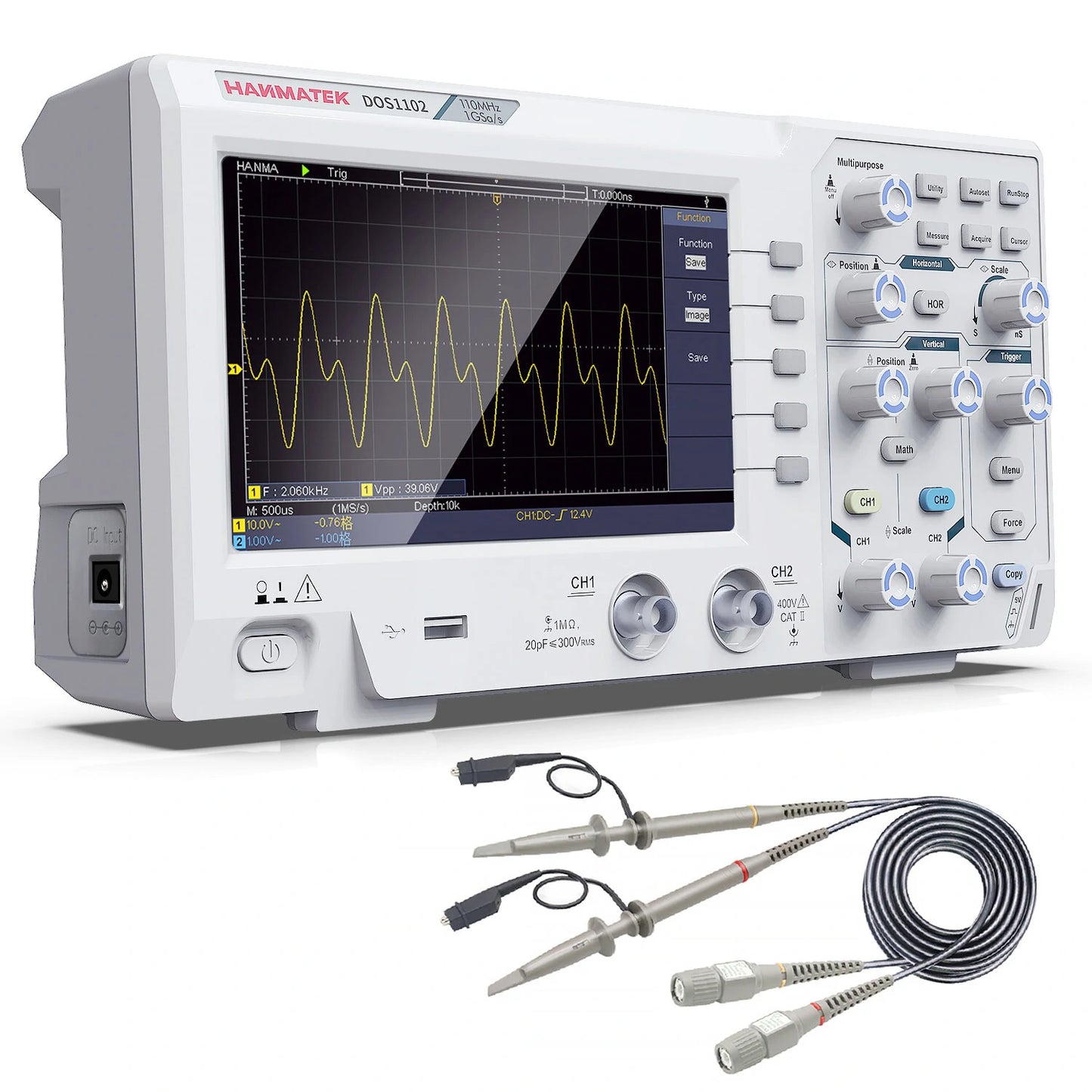 HANMATEK DOS1102 Portable Digital Oscilloscope 110MHz, 500 MS/s, 7 LCD, Dual Channels, FFT Analysis, Labview SCPI, USB