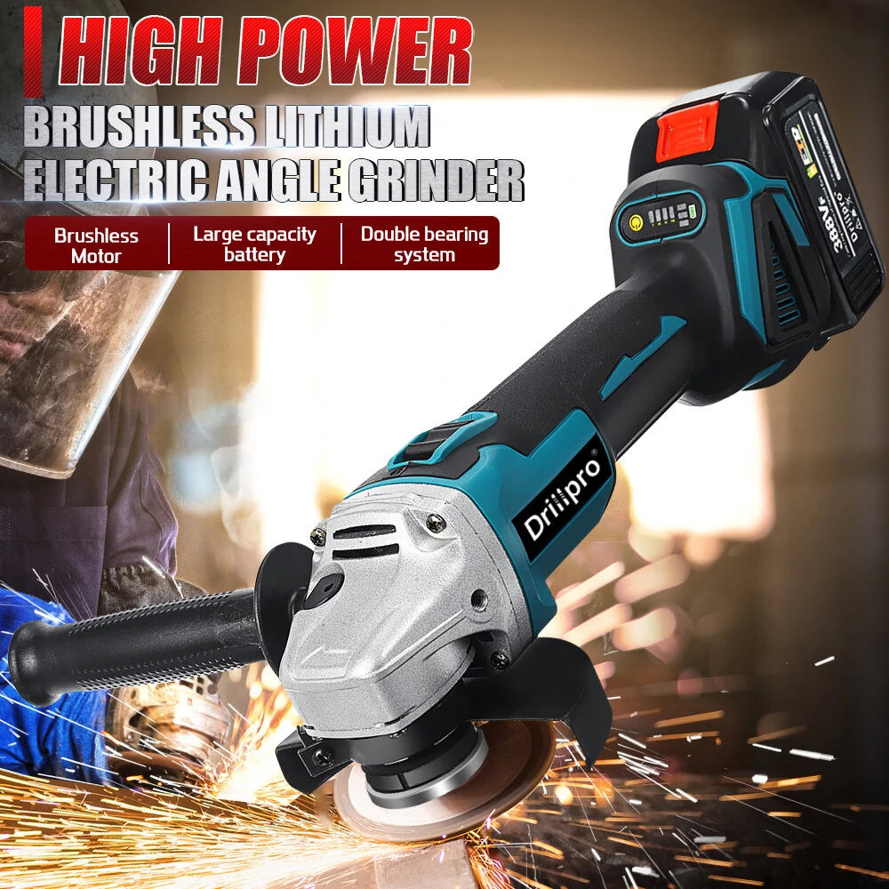Rechargeable Drillpro 125mm 18V Brushless Angle Grinder with Adjustable Speed and Battery - Blue/Black