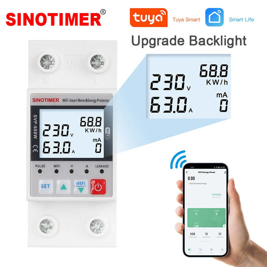 SINOTIMER SVP688 WiFi Energy Meter with Remote Control & Real-Time Monitoring for Voltage, Current, and Leakage Protection - Adjustable Parameters & Three Timing Modes for Efficient Energy Management