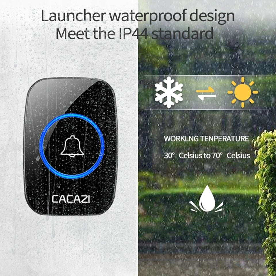 CACAZI Wireless Music Doorbell, 60 Chimes, 5 Volume Levels, 300M Range, IP44 Waterproof