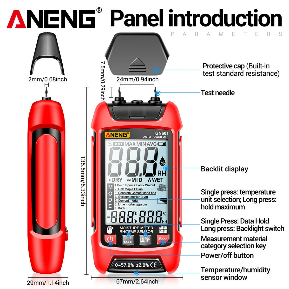 ANENG GN601 High-Precision Moisture Meter - Fast Water Content Testing for Wood, Paper, Grain & More (Battery-Free)