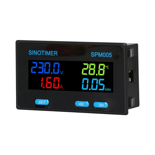 SINOTIMER SPM005 High-Accuracy Multifunction Power Meter with LCD Display, Measures Voltage, Current, Temperature, and Power with 32-Bit Operation