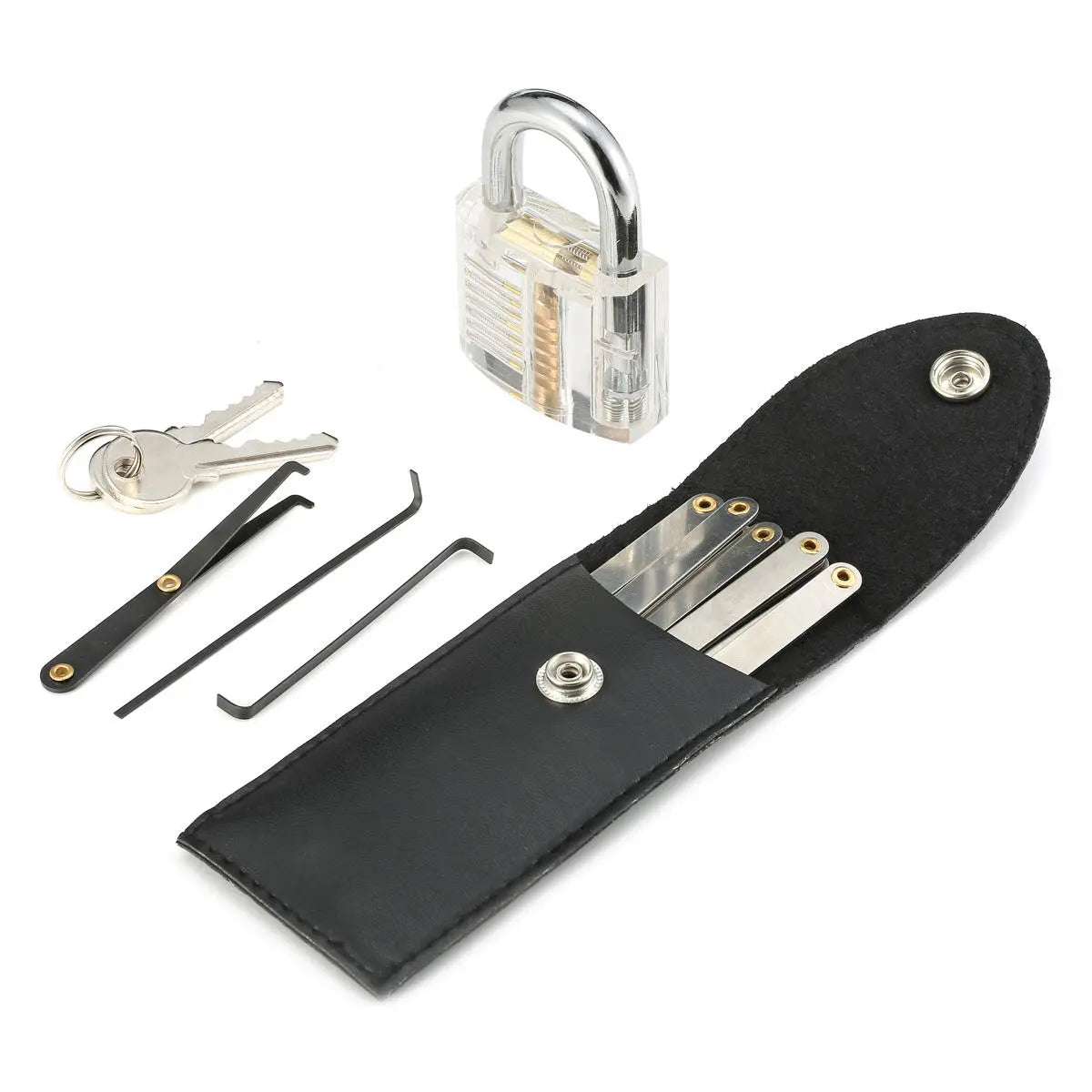 Transparent Practice Padlock & 15-Piece Lock Pick Set with Key Extractor Tools