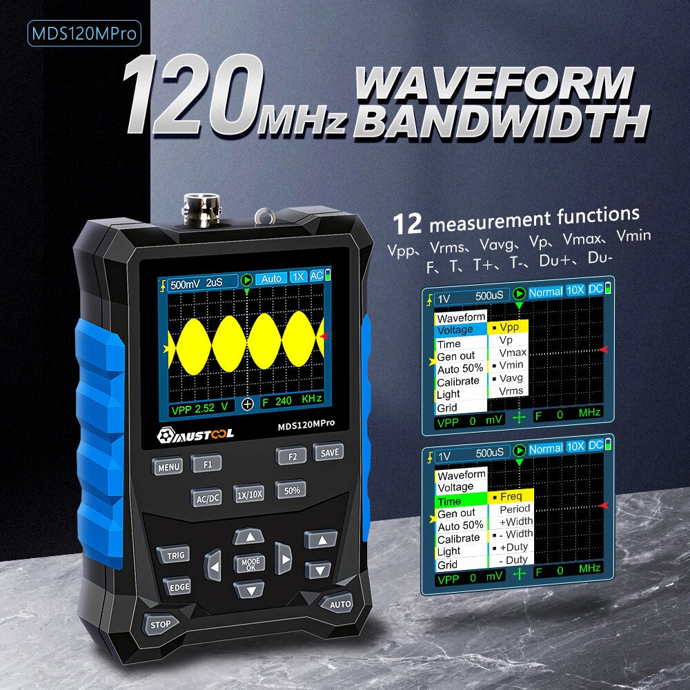Mustool MDS120MPro 120MHz Digital Oscilloscope with 3MHz Signal Generator, 500MS/s, 2-in-1 Automotive Tool