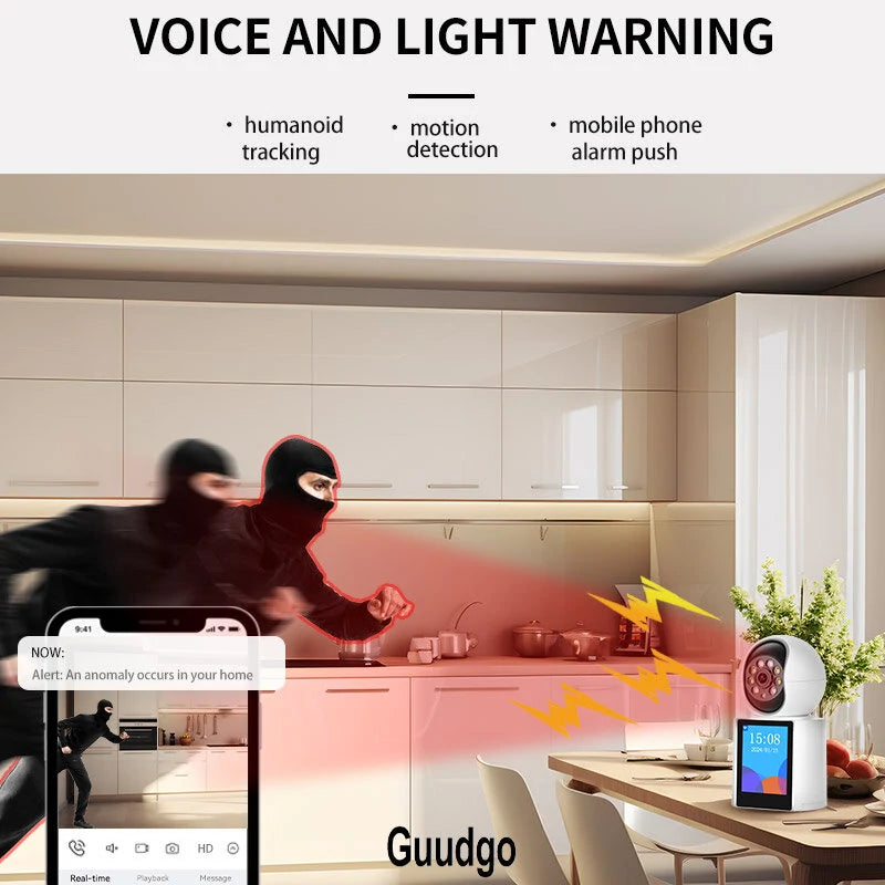 Guudgo 3MP Wireless PTZ IP Dome Camera with 2.8 IPS Screen, Night Vision, Humanoid Tracking, Alarm Push, Baby Monitor, iCSEE APP, Intercom, and Remote Control