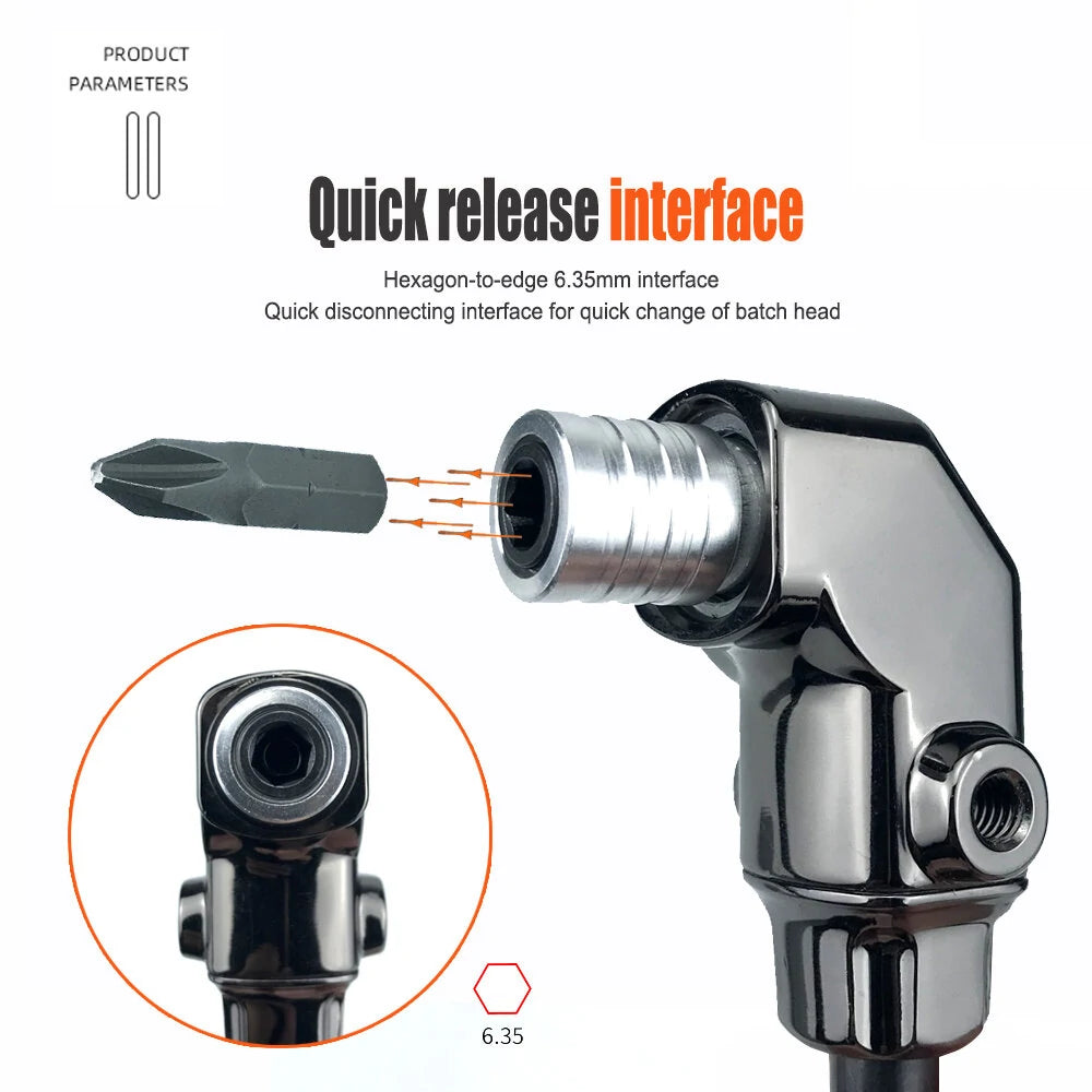 90° Angle Universal Screwdriver Adapter with Quick Release Hex Interface & Optional 10-Piece Set for Hard-to-Reach Areas