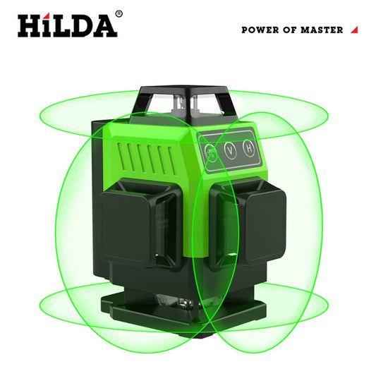 HILDA High Accuracy Green Light Laser Level 3D/4D, Wall-Attachable, Battery Powered Construction Tool with Remote Control