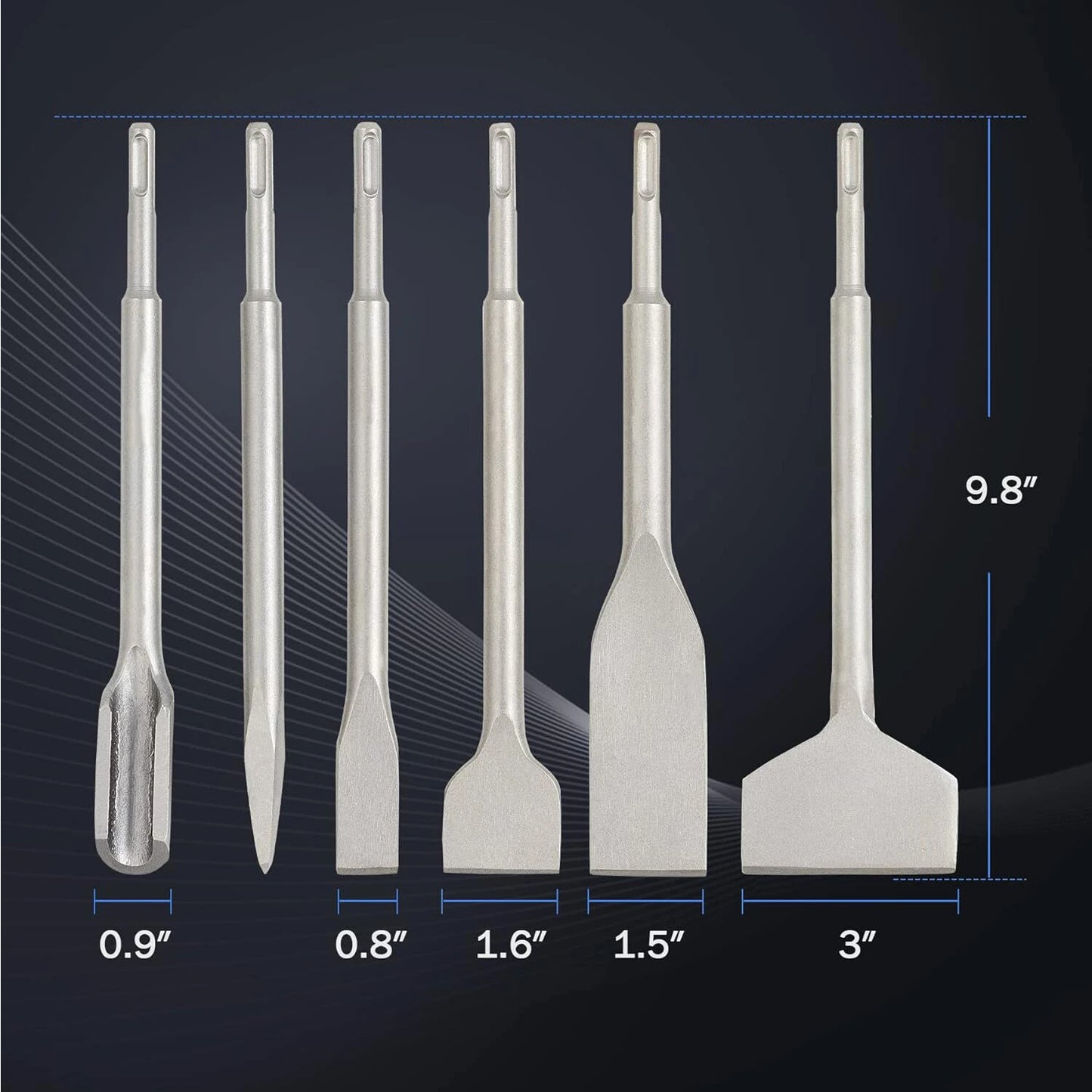 SDS Plus Chisel Set - 6PCS 40Cr Steel Rotary Hammer Bits for Masonry, Concrete, Tile - Grooving, Scraping, Flat & Point Scaling Chisels