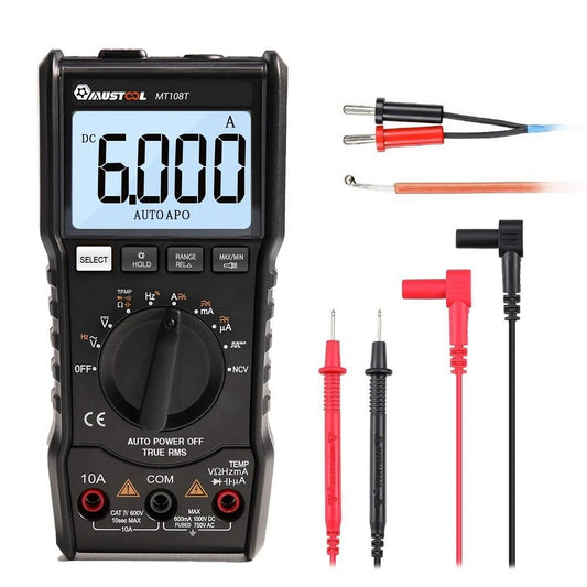 MUSTOOL MT108T True RMS Digital Multimeter - 6000 Counts, NCV, Temperature, AC/DC Current & Voltage, Resistance, Frequency, Capacitance with Backlight