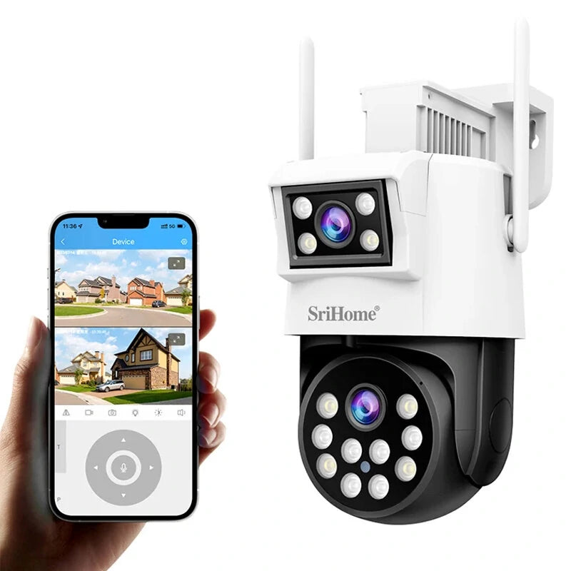 Srihome SH048 4MP Dual Lens 1080P WiFi PTZ IP Camera with AI Tracking, Motion Detection, Night Vision, and Two-Way Audio - Outdoor CCTV Security