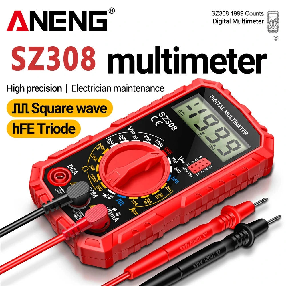 ANENG SZ308 Handheld Digital Multimeter - AC/DC Voltage, Current, Resistance, Diode, HFE Transistor Measurements, Wave Output, Low Battery Indicator