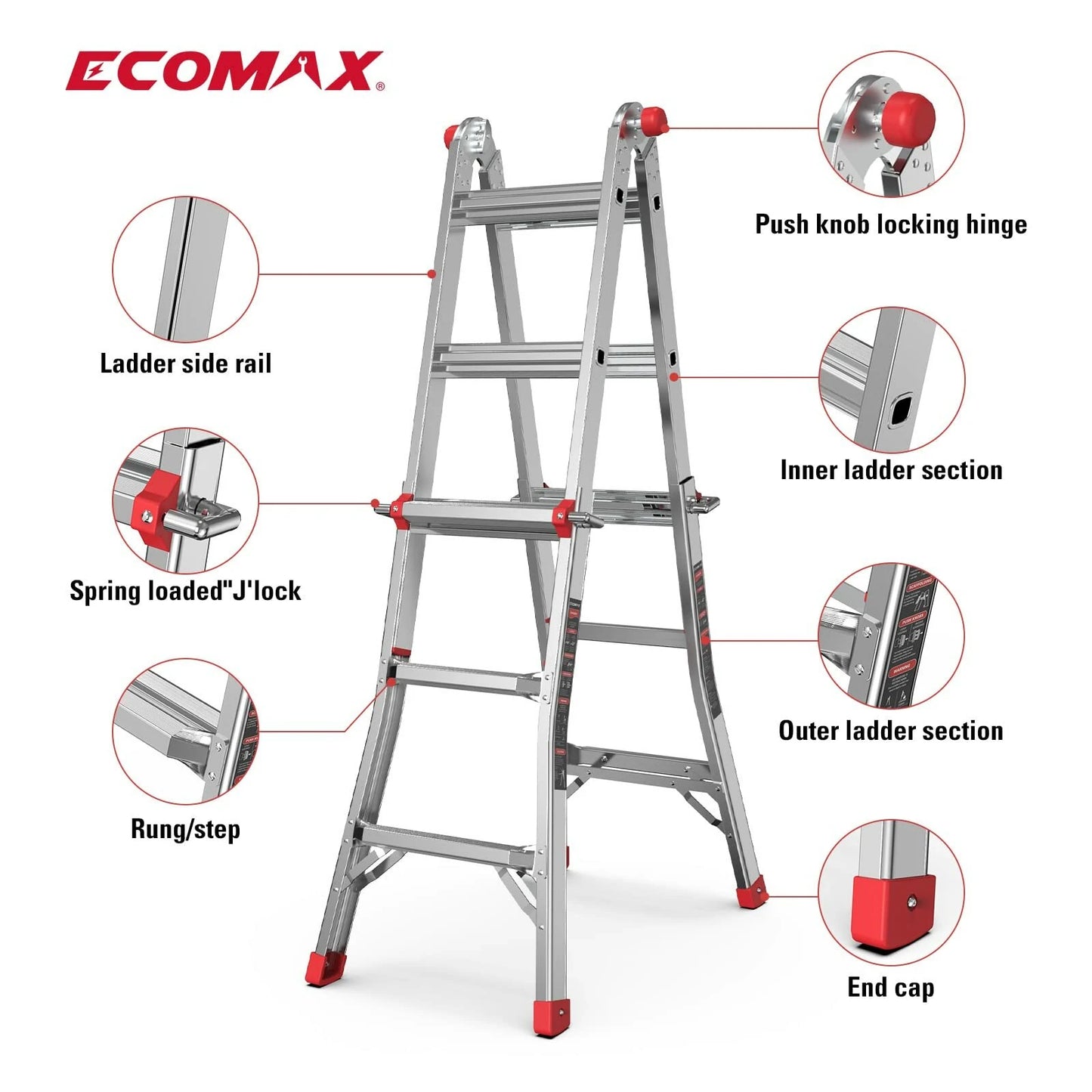 Ecomax 13 ft Aluminum Telescoping Ladder, 300 lbs Capacity, Non-Slip Folding Extension Ladder, Multi-Position Step Ladder, Silver