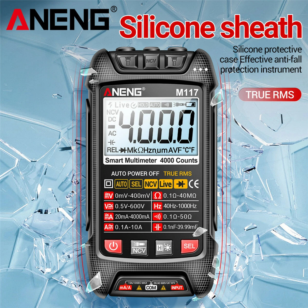 ANENG M117 High Precision True RMS Digital Multimeter with AC/DC Voltage, Current, and Resistance Measurement, Capacitor Reading, Data Hold, Auto Power Off, and Backlit Display