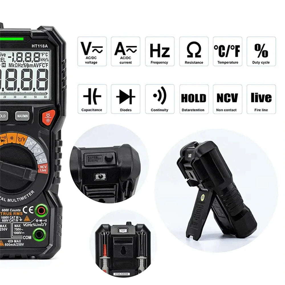 KAIWEETS HT118A TRMS Digital Multimeter 6000 Counts with Flashlight & Safety Features for Household & Automotive Testing - EU/US Direct
