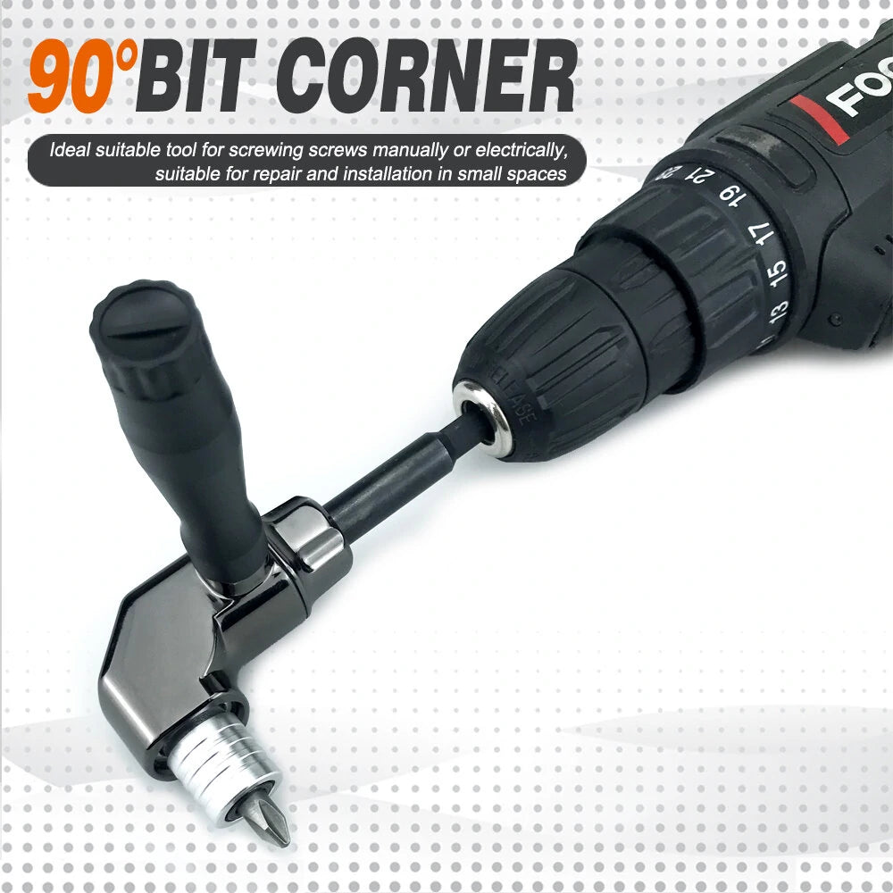 90° Angle Universal Screwdriver Adapter with Quick Release Hex Interface & Optional 10-Piece Set for Hard-to-Reach Areas