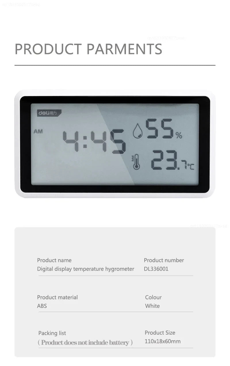 High-Precision Deli Weather Station: 0.1℃ Thermometer, Hygrometer, LCD Display, Clock, Long Battery Life