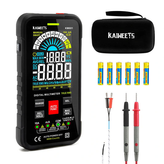 KAIWEETS KM601 Digital Multimeter with Smart & Manual Modes, 3.54-inch Display, Fuse Protection, and Real-Time Temperature Measurement for Electrical Testing