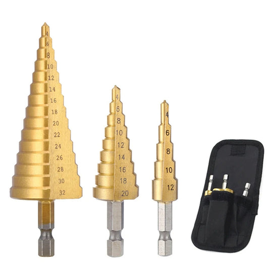 Titanium Coated HSS Drill Bits Set 4-12mm, 4-20mm, 4-32mm for Metal, Wood & Plastic - Heat Reduction, 3-Sided Shank, with Portable Bag (3 PCS)